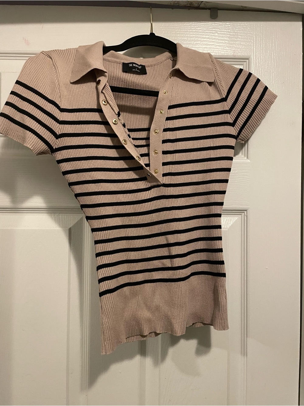Ribbed Short-Sleeve Polo Tee in Blush and Black, Brand New